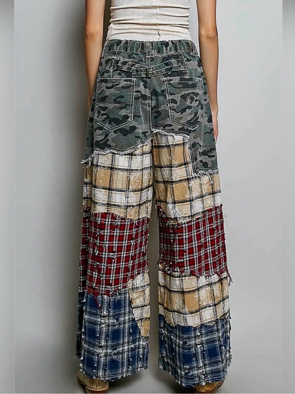 NEW POL : Patchwork Wide-Leg Plaid & Camo Pants - Picture 3 of 3